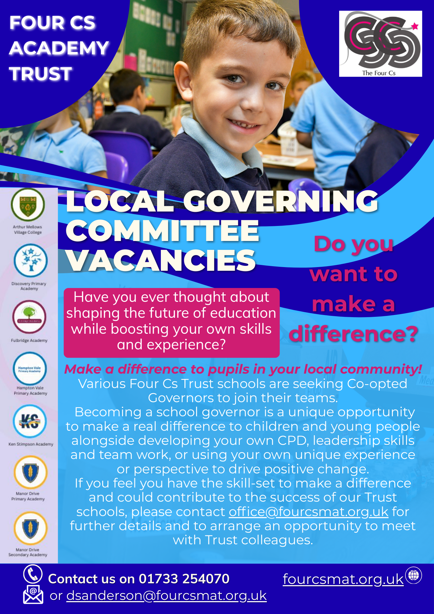 Advert for vacancies at various Four Cs Trust schools